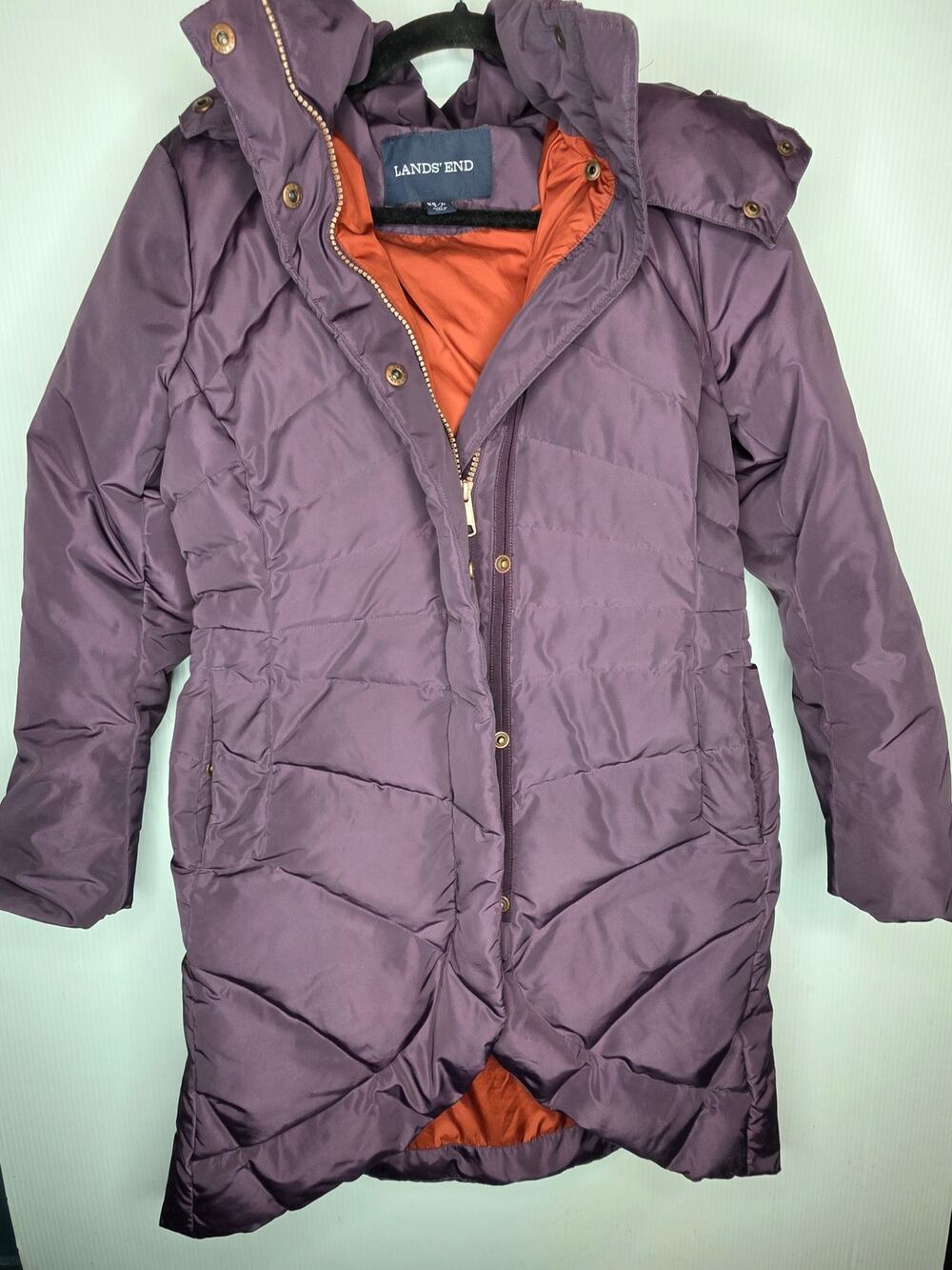Lands' End Women's Purple Down Parka Quilted Belted Winter Coat XS/P Ski Winter